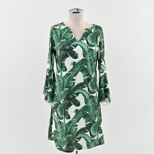 Patti‎ Biggs Barbara Dress Womens Size S Green White Tropical Pompoms Leaf Shift